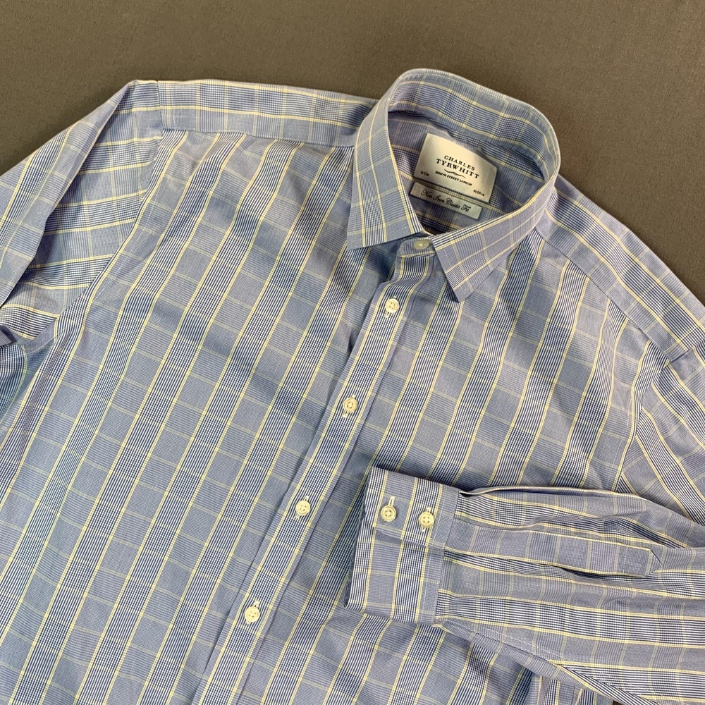Charles Tyrwhitt Shirt Mens 16 32/33 Blue Check Classic Fit Non-Iron Dress